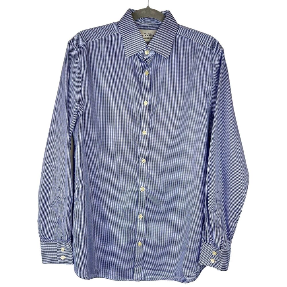 Charles Tyrwhitt Dress Shirt Non Iron Extra Slim Fit Blue Check Mens 15 1/2 /34”